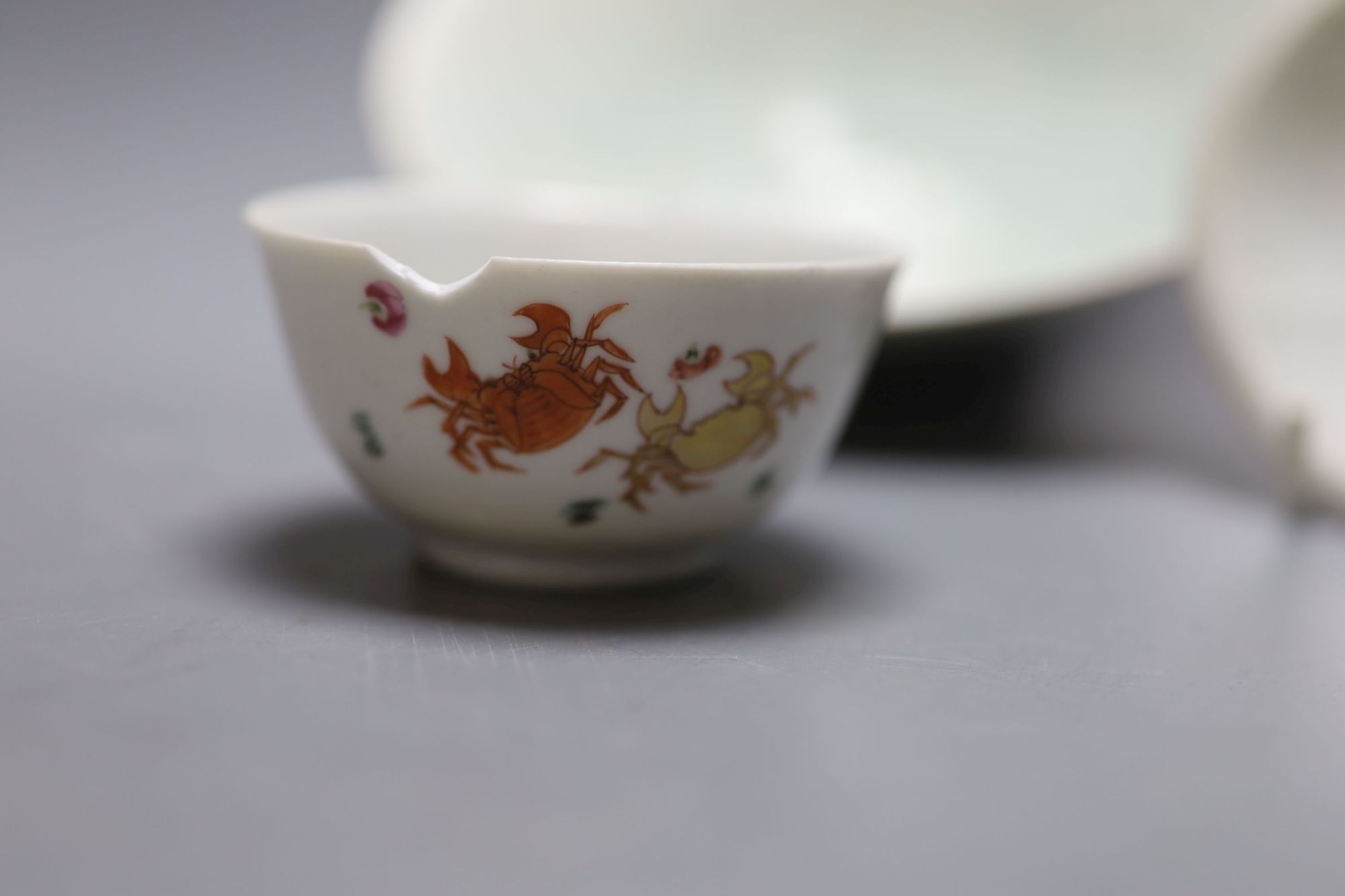 An 18th century Chinese famille rose tea bowl, together with a Qingbai type bowl and dish, largest diameter 17cm